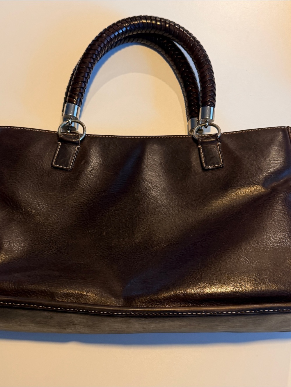 Vintage Suárez Dark Brown Leather Tote Bag with Braided Handles